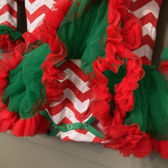 BABY Girl Infant Christmas Tree Elf Tutu Dress Chevron Tulle Red & Green - Picture 5 of 7